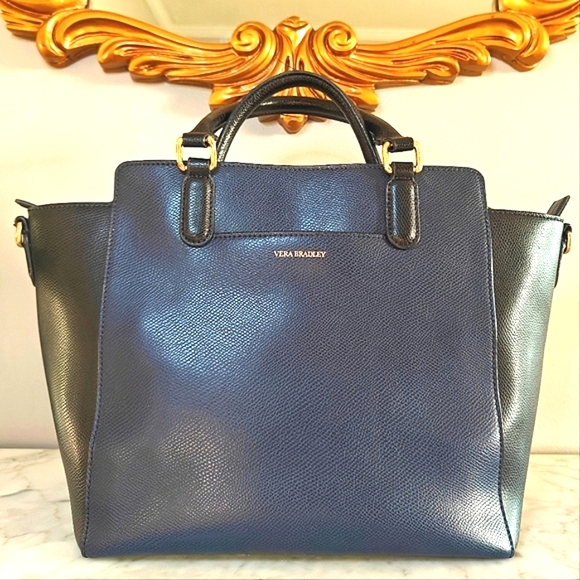 🩷SOLD💚 Vera Bradley Leather "Morgan" Black & Blue Trapeze 2-Way Bag | Rare - Picture 9 of 12